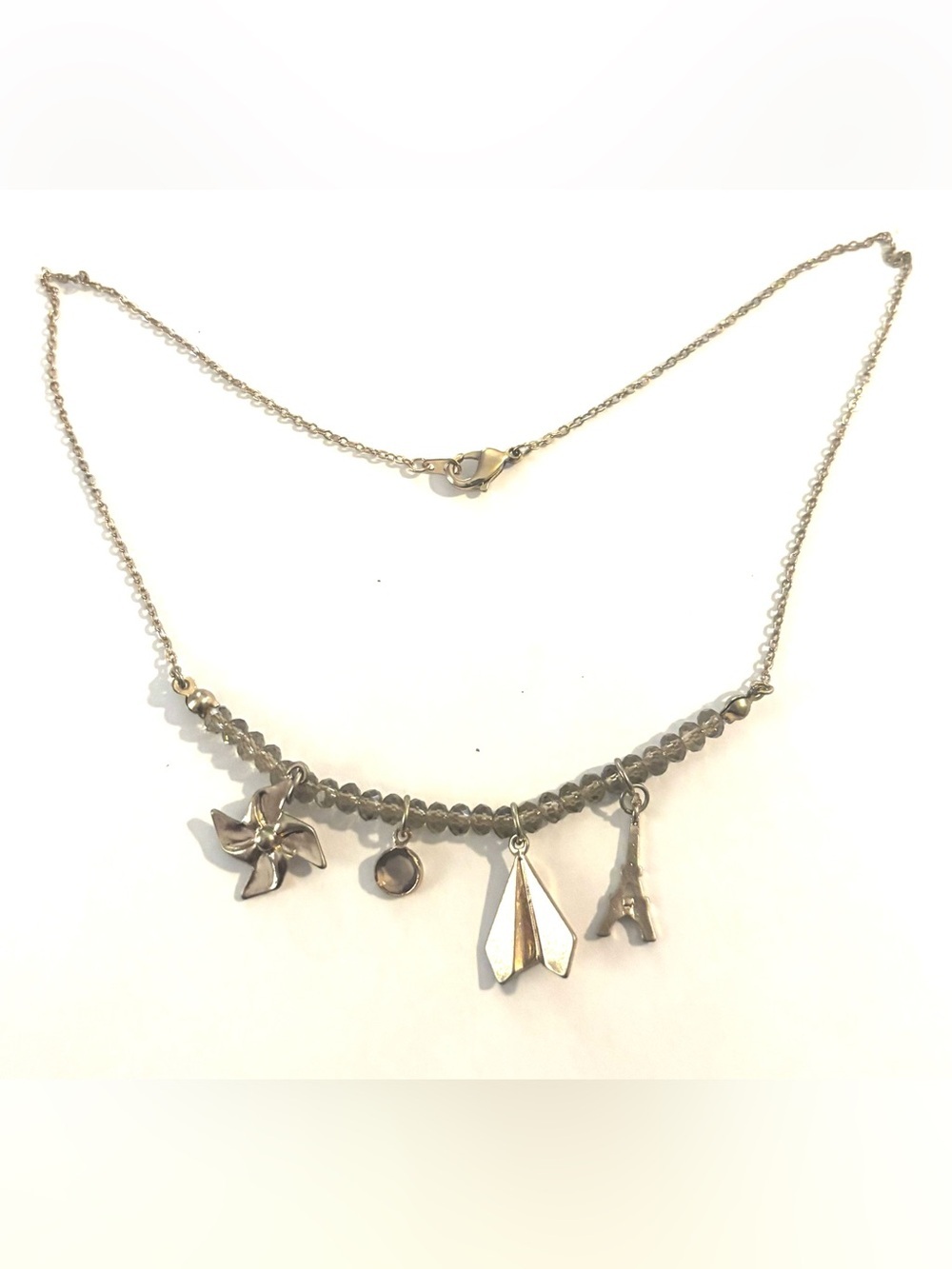 Vintage Gold Charm Necklace with Pinwheel, Disc, Paper Airplane & Eiffel Tower
